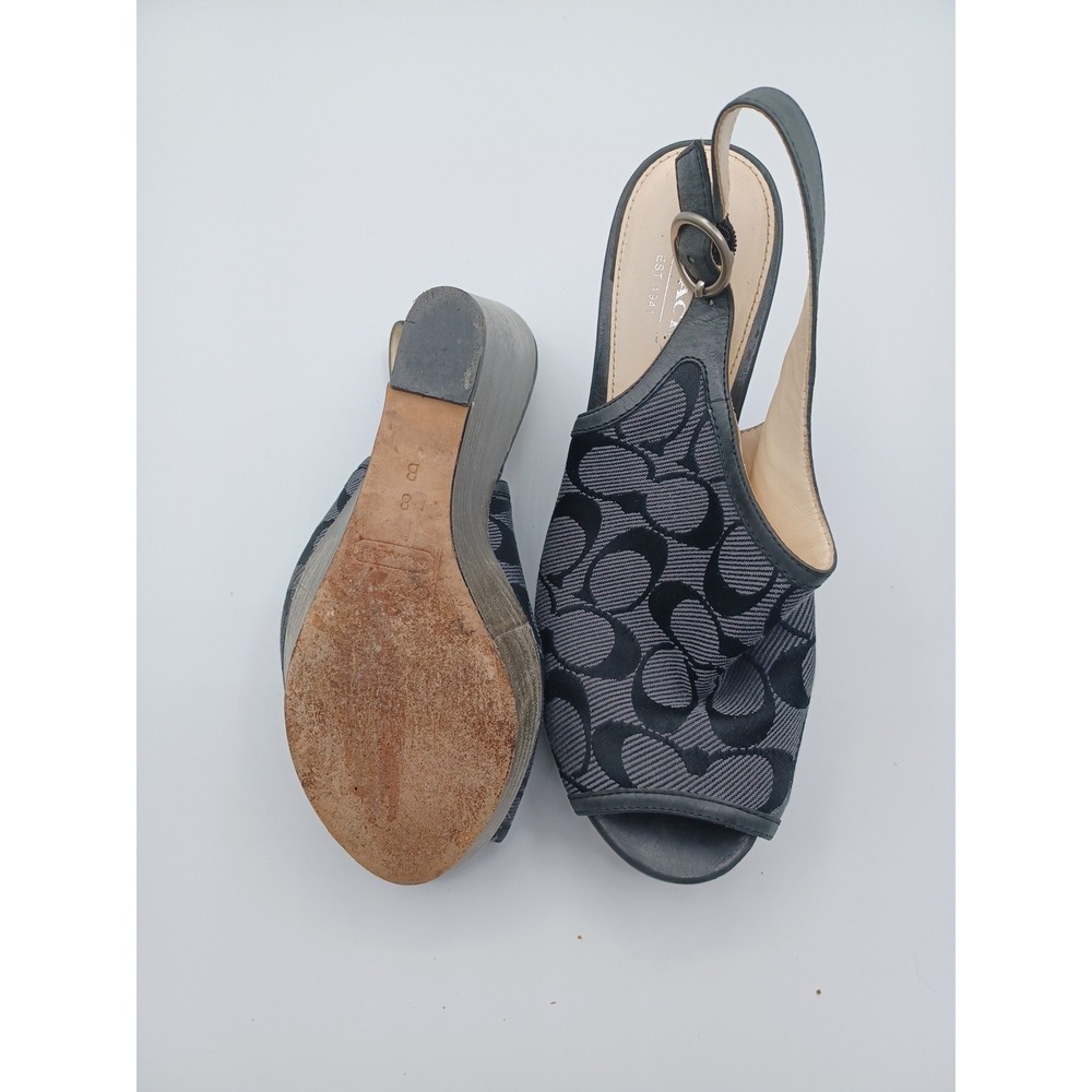 Coach Jackie Wedge Peep Toe Platforms Signature C Fabric Graphite & Black 8.5 B - Picture 7 of 8